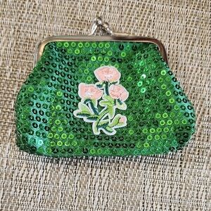 Hand Crafted Green Sequin Kiss Lock Floral Coin Purse